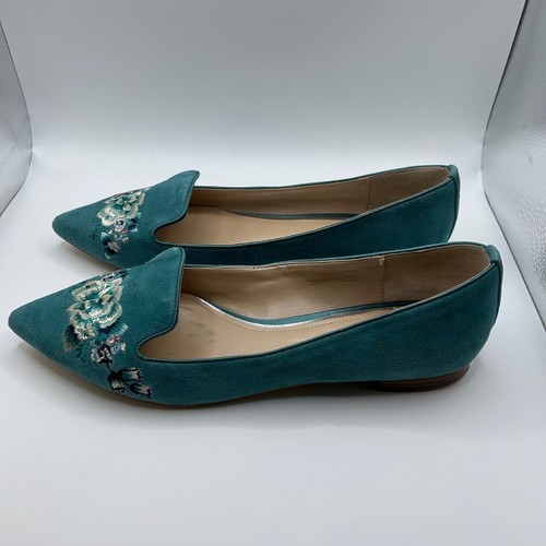 White House Black Market Ava Flats Womens 8.5 Teal Embroidered Floral Slip on - Picture 8 of 12