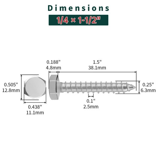 1/4 x 1-1/2" Hex Head Lag Screws Bolts with Flat Washers 20 Sets 304 Stainles... - Picture 2 of 6