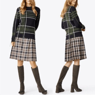 Tory Burch Eden Wool Blend Chunky Pullover Sweater Green Navy XS