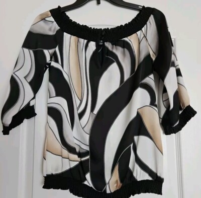 White House Black Market Off Shoulder Satin Like Material XS Black Gold Gray