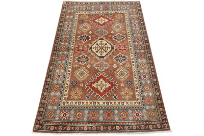 Kazak Rug 4'2'' x 6'4'' Brown Wool Tribal Geometric Hand-Knotted Oriental Carpet