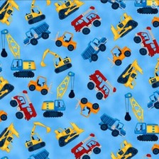 BTHY Under Construction Blue Yellow Red Cranes Blue Cotton Fabric By Half Yard