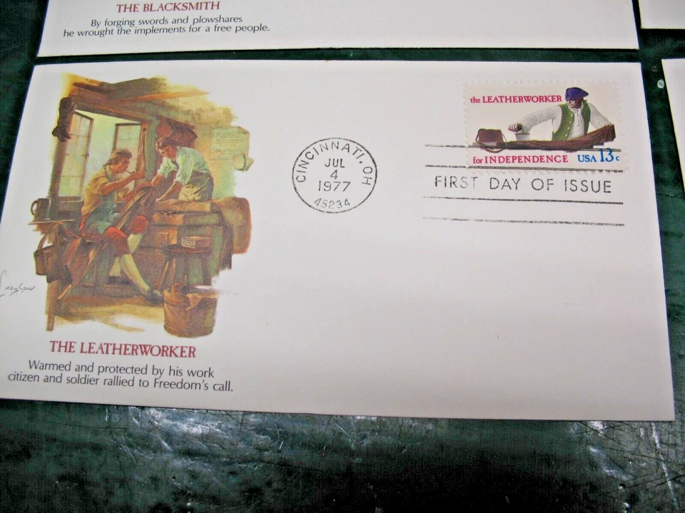 FIRST DAY OF ISSUE STAMPS WHEELWRIGHT BLACKSMITH LEATHERWORKER SEAMSTRESS 1977 - Image 3 of 4