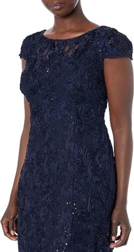 Alex Evenings Women's Tea Length Cap Sleeve Rosette Dress Navy Blue Size 20 - Picture 1 of 6