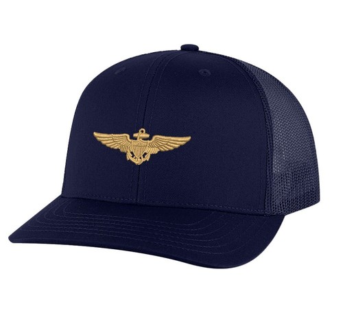 Classic Navy Aviator Trucker Hat – Gold Embroidered Pilot Wings, Patriotic Mesh - Picture 8 of 9