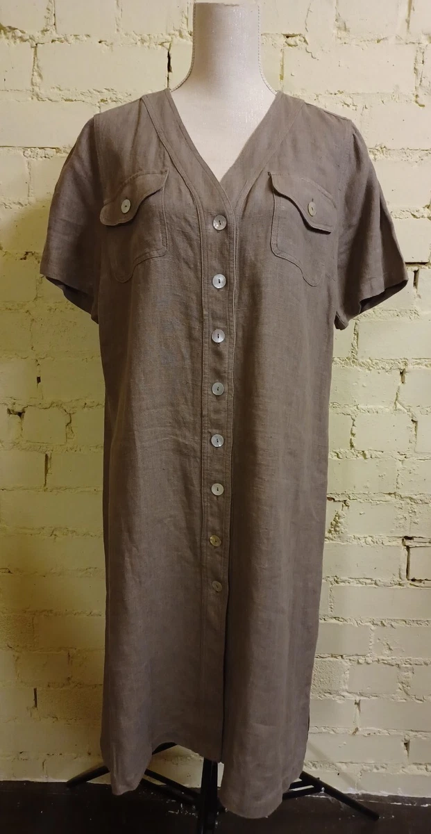 ARTIGIANO short sleeve taupe linen shirt dress UK 14 button