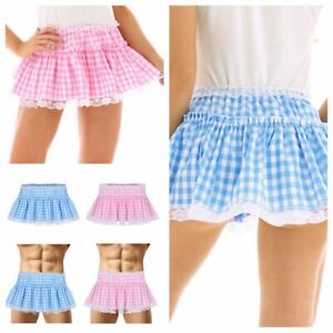 Sissy Mens Women Fancy Dress Elastic Waist Mini Short Gingham Pleated ...