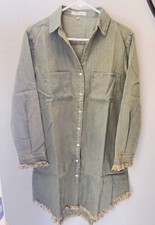 Womens Olive Green Long-Sleeve Button-Down Frayed Hem Shirt Dress