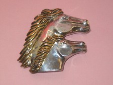 Artisan Hand Crafted Sterling Double Horse Head Belt Buckle  Gold Tone Manes