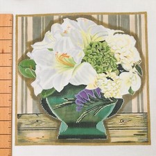 Lani hand painted needlepoint canvas White Roseville Floral bouquet pottery vase