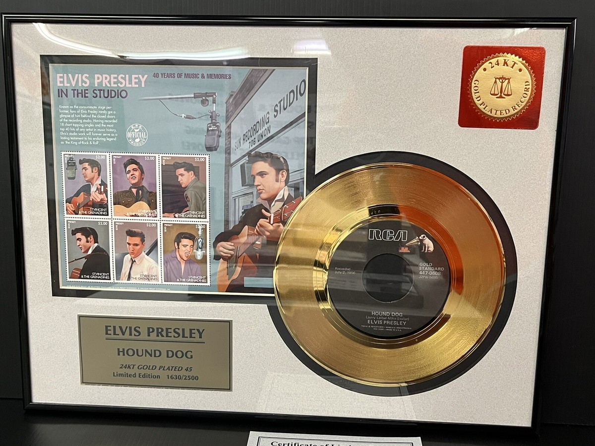 ELVIS PRESLEY HOUND DOG 24KT GOLD PLATED 45 RECORD & STAMPS