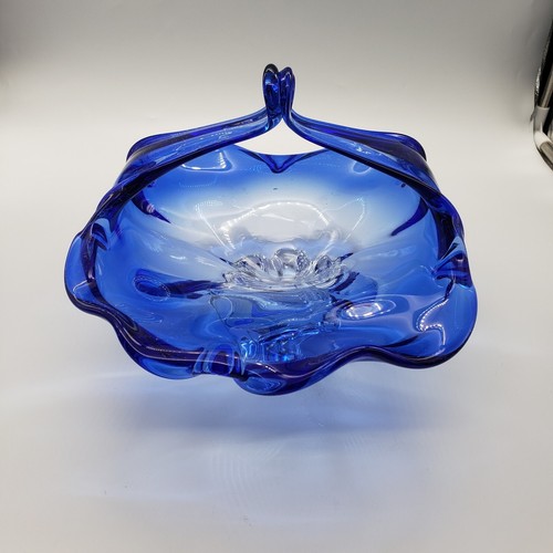 Hand Blown Art Glass Cobalt Blue & Clear Handled Bowl Basket 10.25" - Picture 5 of 6