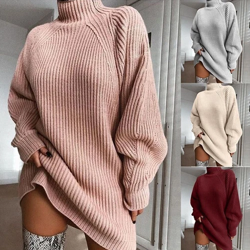 Elegant Women Turtleneck Oversized Knitted Dress Long Sleeve Mini Sweater Dress - Picture 3 of 19