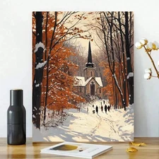 Winter Church Path Framed Canvas Stretched Ready to Hang 50x40 Home decor Gift