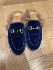 Gucci Princetown Shearling Lined Slippers Blue Velvet Size 37/4UK GUC