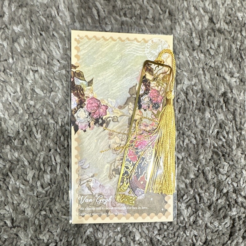 Hangzhou Liji Metal Rectangle Bookmark w/ Tassel, Floral Flowers Gold/Pink 108mm