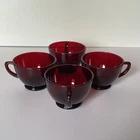 Anchor Hocking Ruby Red Glass Set of 4 punch bowl Coffee Tea cups Vintage MCM
