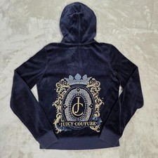Juicy Couture OG Big Bling Velour Hoodie Women  s L Navy Rhinestone Crest