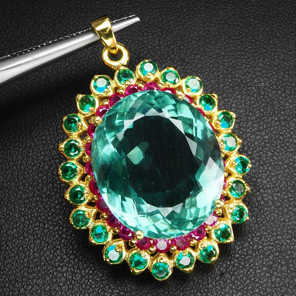 Colgantes de oro de 24 quilates de plata de ley 925 asombrosos turmalina verde azulado 21,90 quilates Foto 2 de 4