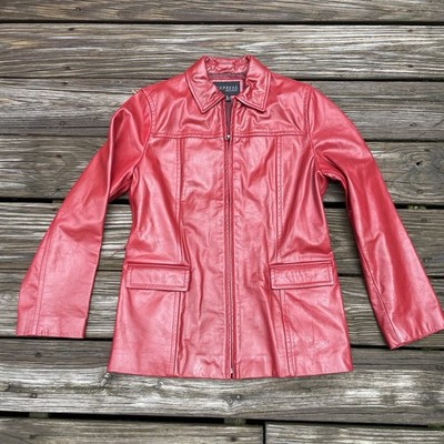 VINTAGE Express World Brand Women's Red Leather Jacket Size Small