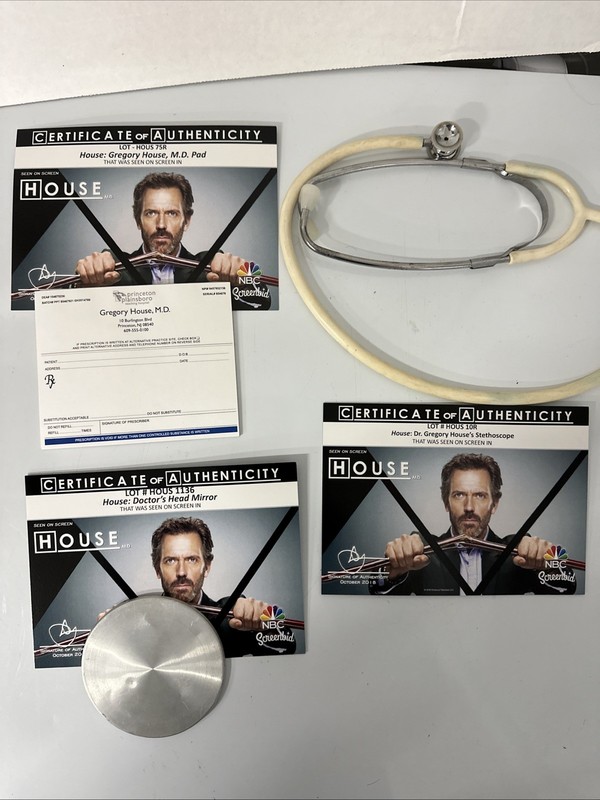 Screen Used Dr House Prop Set Lot With COA  Stethoscope, Head Mirror,RX Pad NBC