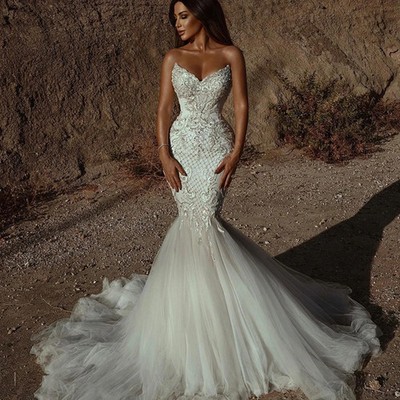 Luxury White/Ivory Mermaid Long Wedding Dress Boho Lace Beaded Women Marriage