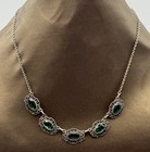 Vintage Style Green Stone Filigree Necklace Silver Tone Statement Chain