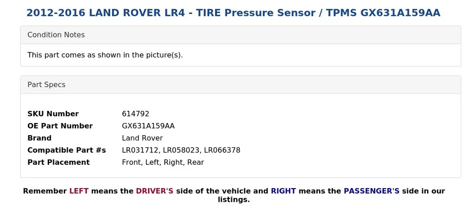 2012-2016 LAND ROVER LR4 - Sensor de Pressão PNEU / TPMS GX631A159AA - Imagem 3 de 4