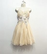 Chi Chi Amy Childs Gold Mesh Tulle Strapless Embroidery Puff Prom Dress UK 8