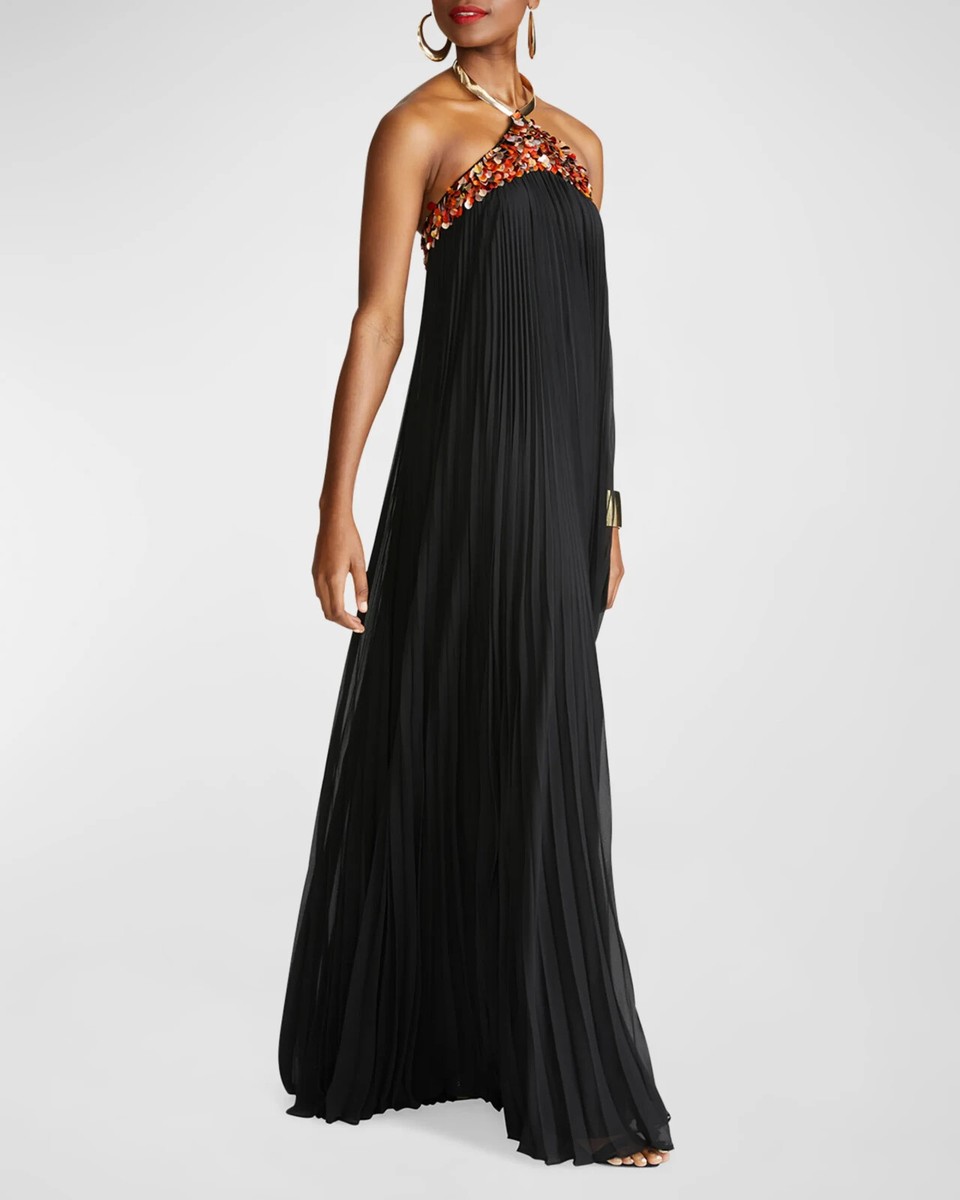 NEW, Halston Pythia Pleated Sequin-Embellished Trapeze Gown