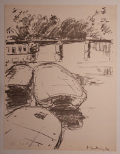 + Roland Ladwig, Lithographie, signiert, Boote, 45 x 35 cm +