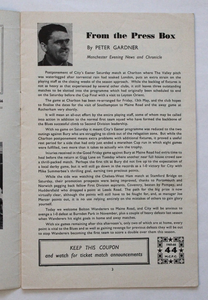 MANCHESTER CITY v BOLTON WANDERERS DIVISION 2 1965/66 16/4/1966 - Image 4 of 4