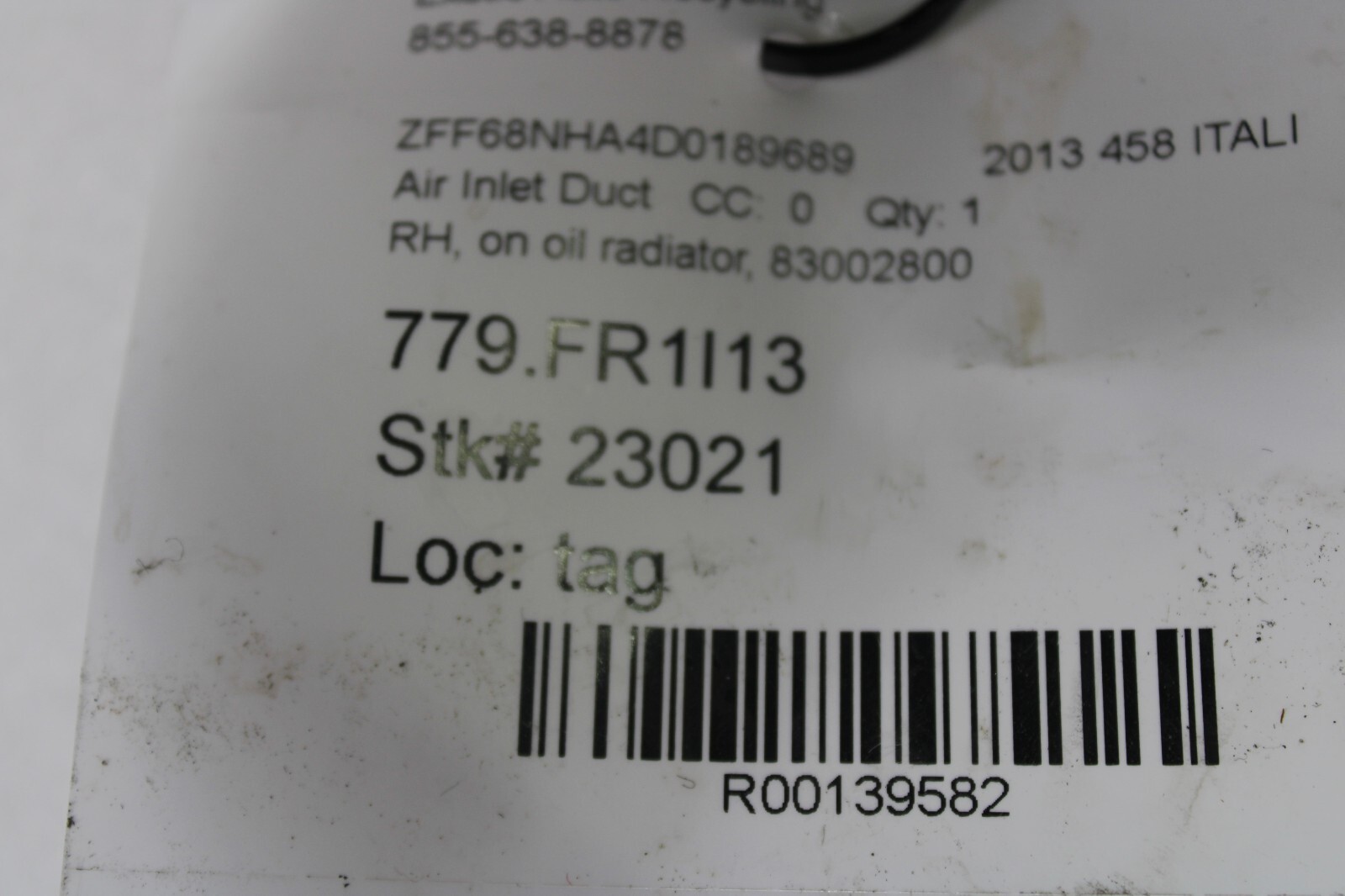 Ferrari 458 Italia, RH, Right, Air Duct, On Oil Radiator, Used, P/N 83002800
