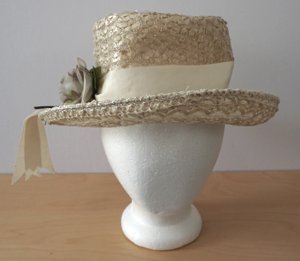 Sombrero Vintage Blanco Paja con Cinta de Marfil Tela Rosa Jardín Fiesta Derby Elegante Foto 2 de 4