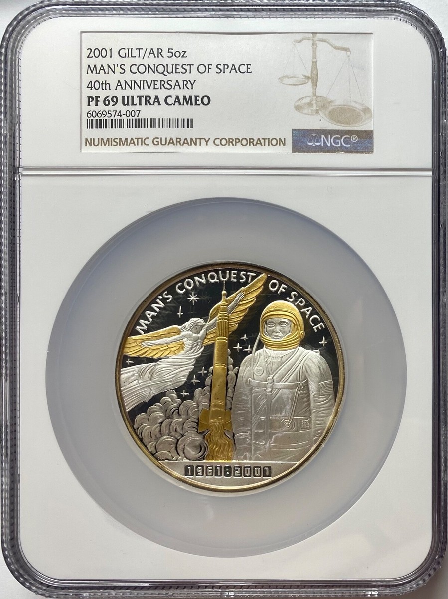 2001 NASA Gilt Silver 5 oz Man's Conquest Of Space NGC PF-69