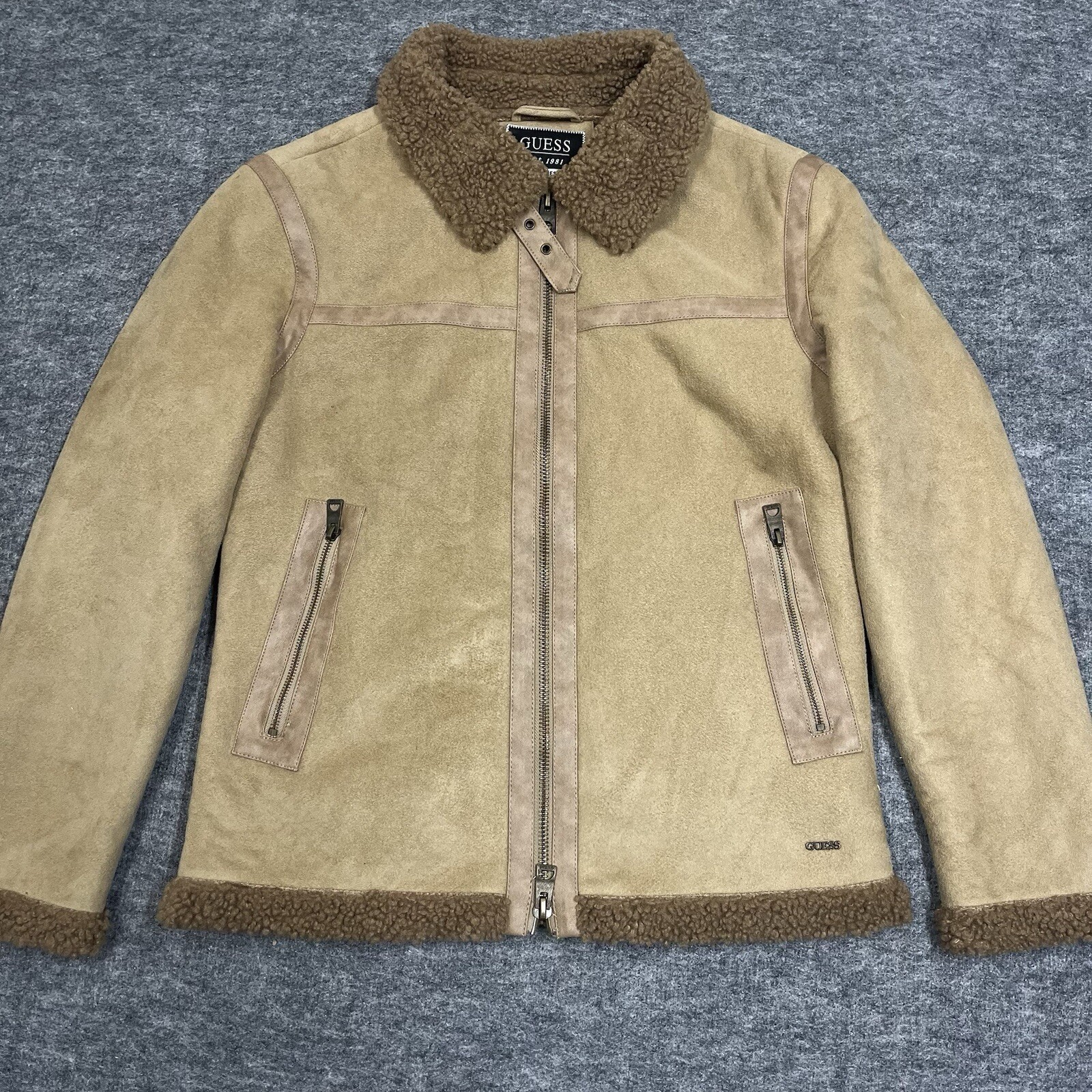 Women's Large Tan Faux Shearling Aviator Jacket with Sherpa Lining and Chin Strap