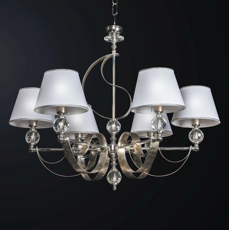 LAMPADARIO 5 LUCI MODERNO CROMO CON FASCIA IN METALLO FOGLIA ARGENTO E CRISTALLI - Immagine 2 di 2