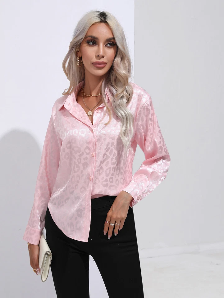 Blusa Para Mujer Leopardo Satén Manga Larga Informal Suelta Camisa Con Botones OL Prendas para el torso Foto 4 de 4