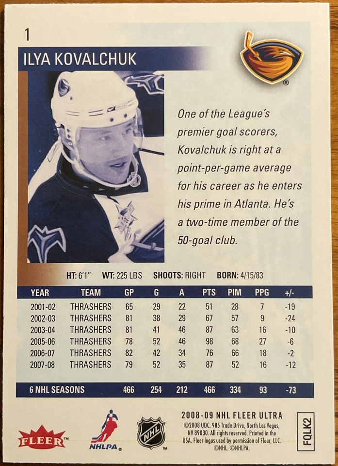 2008-09 Fleer Ultra Gold Medallion Ilya Kovalchuk #1 Atlanta Thrashers - Image 2 of 2