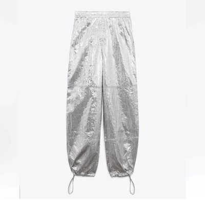 ZARA Metallic Silver Foil Parachute Pants Size S Baggy Jogger Trousers High Rise - Image 1 of 4