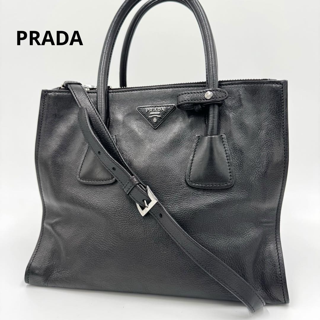 Prada Galleria Leather Tote Bag Black 2Way Shoulder Handbag Authentic Excellent