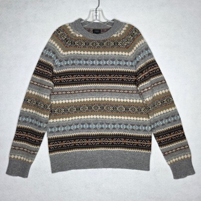 J. CREW Fair Isle Lambswool  Crewneck Sweater Cozy Preppy Brown Gray Mens Medium