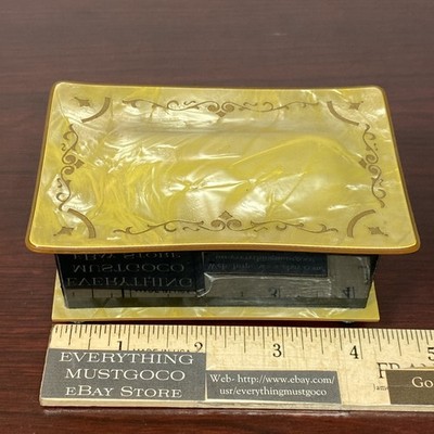 Antique Celluloid Soap Vanity Trinket Travel Box Marbled Yellow Lid Black Orange