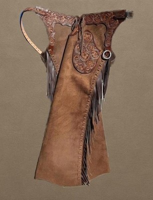 Handmade Tooled Leather Batwing Chaps Western Cowboy Riding Fringe