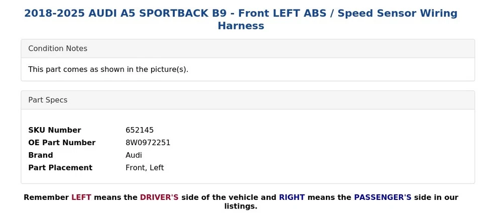 AUDI A5 SPORTBACK B9 2018-2025 - ABS/sensor de velocidad delantero izquierdo arnés de cableado Foto 4 de 4