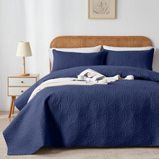 Full/Queen Quilt Set, Navy Blue, Microfiber, 3 Pc, Lightweight