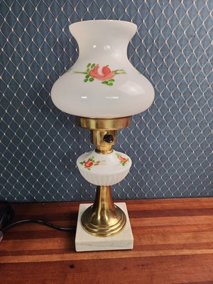 Vintage Hand Painted Floral Two Tiered Milk Glass Boudoir Accent Lamp Marble 