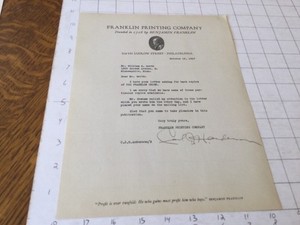 original 1920’s signed letter, from printer: Franklin Printing co.
