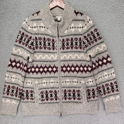 L.L. Bean Fair Isle Lambswool Zip Cardigan Sweater Womens M Gray Nordic Heavy