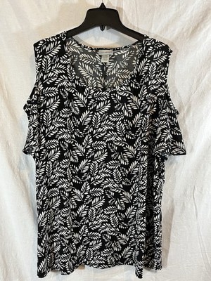 Catherine s Women s 3x Black & White Leaf Print Liquid Knit Blouse